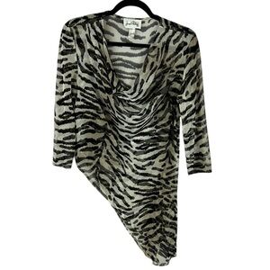 Joseph Ribkoff Sheer Asymmetrical Zebra Print Cowl Neck 3/4 Sleeve Top Size 12